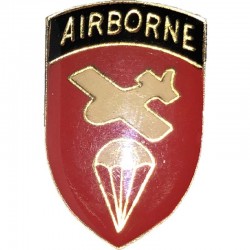 Pin's Airborne rouge avec un avion et parachute
