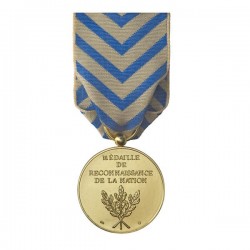 Médaille à la mention "médaille de la Reconnaissance de la Nation" surmontée d’un bouquet de feuilles de chênes.