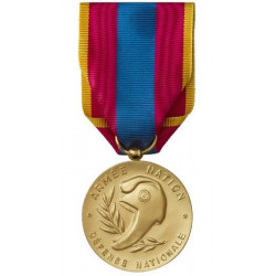 Médaille ordonnance défense nationale inscrit « Armée-Nation » et « Défense Nationale » encadré d'un bonnet phrygien.