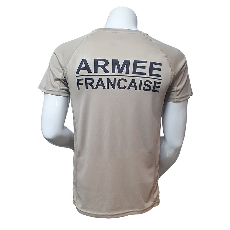 Tee shirt sport respirant avec marquage Armée Française sur tissu polyester coloris sable