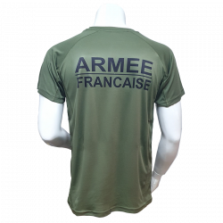Tee shirt sport respirant avec marquage Armée Française sur tissu polyester coloris vert armée kaki